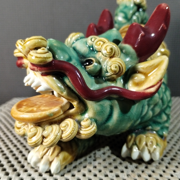 Chinese Traditional WuCai Porcelain Feng Shui kylin Foo Dog Lion Statue - Picture 7 of 12